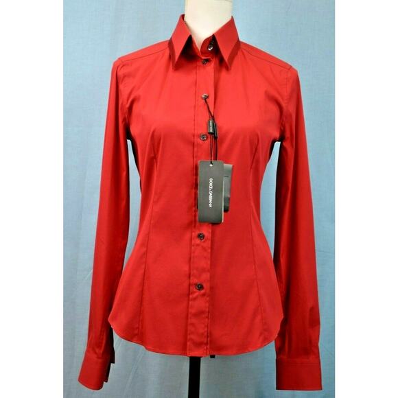 NWT DOLCE & GABBANA RED COTTON BUTTONS LONG SLEEVES CLASSIC BLOUSE 6 42 ITALY - Picture 1 of 12